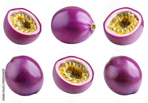 Vibrant purple passion fruits on a bright white background showcasing their juicy interior photo