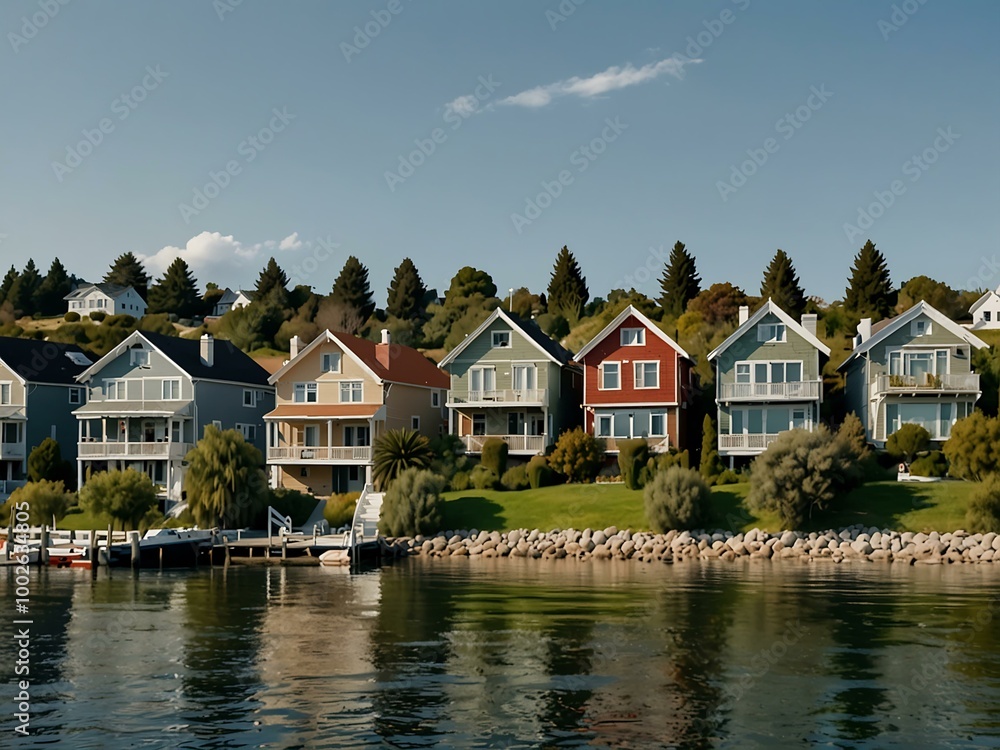 Serene waterfront view with greenery and houses under a clear sky. Serene waterfront view with greenery and houses under a clear sky.