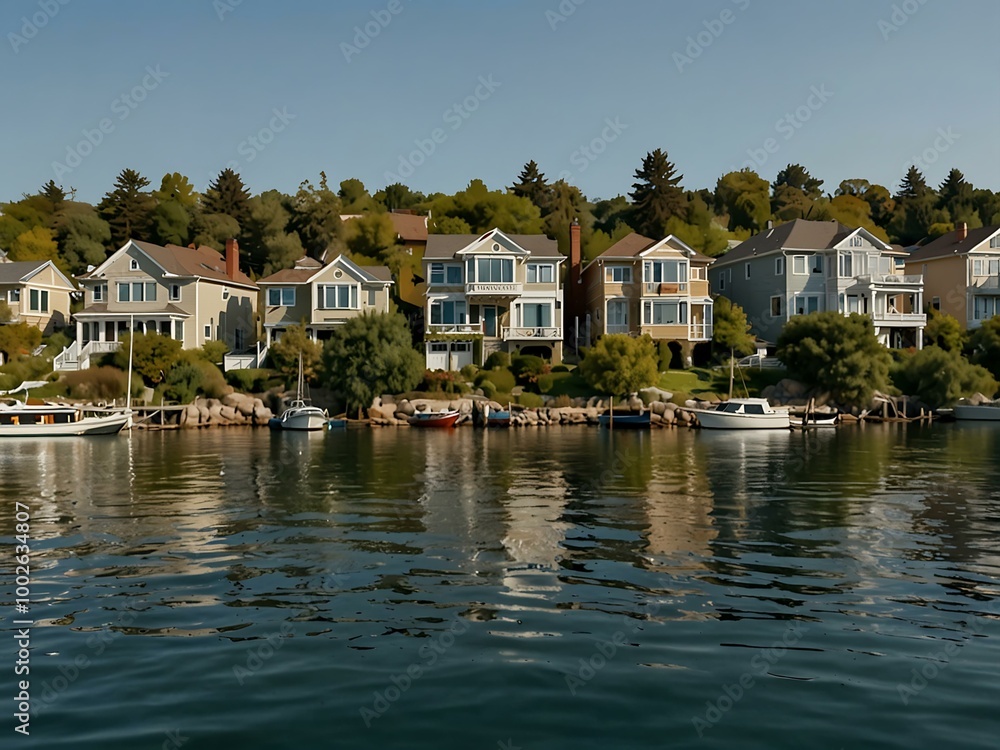Serene waterfront view with greenery and houses under a clear sky. Serene waterfront view with greenery and houses under a clear sky.