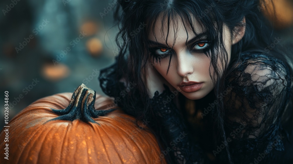 Dark Gothic Halloween Aesthetic with Pumpkins and Mysterious Girl Dark Gothic Halloween Aesthetic with Pumpkins and Mysterious Girl