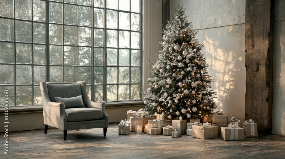 Modern living room interior with Christmas tree, armchair and gifts. Modern living room interior with Christmas tree, armchair and gifts.