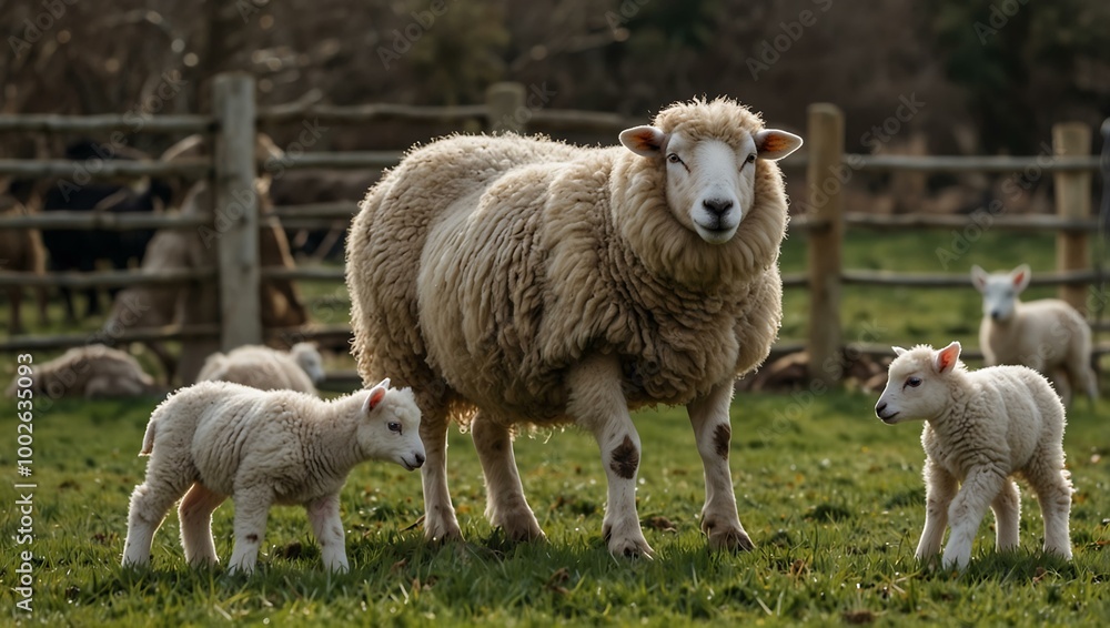 Sheep grazing peacefully in a pen with lambs. Sheep grazing peacefully in a pen with lambs.