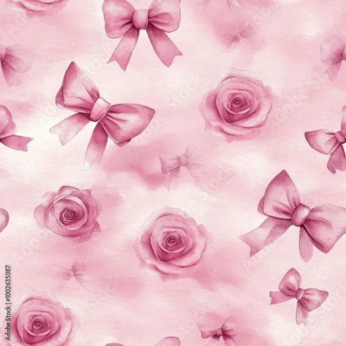 Pink Watercolor Roses and Bows Pattern
