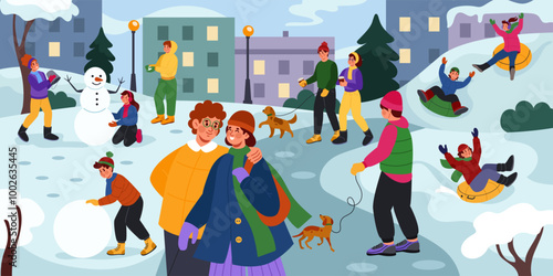 Winter park. Family in nature. Cold season leisure. Woman and man outdoor walking with dog. Snowy landscape. Kids play snowball game. Fun snowman. Ice skating. Vector tidy cartoon strolling people