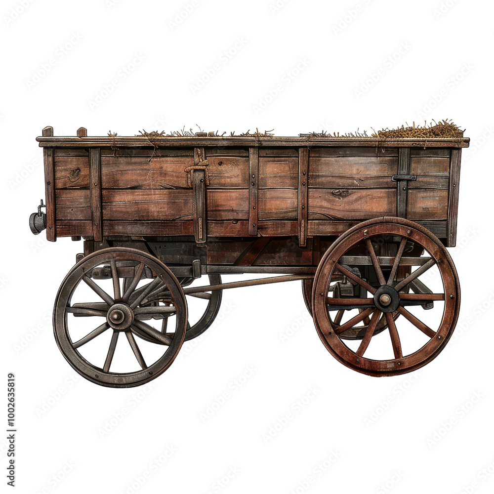 A rustic wooden cart with large wheels, ideal for agricultural settings or vintage decor. A rustic wooden cart with large wheels, ideal for agricultural settings or vintage decor.