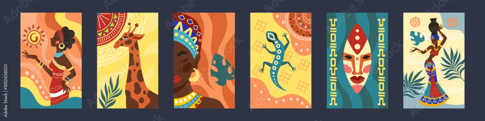 Fototapeta African art pattern. Africa ethnic poster. Tanzania tribal design. Woman dancing. Safari giraffe and iguana lizard. Abstract geometric folk. Native decoration fabric. Vector tidy tribe banners set