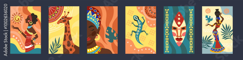 African art pattern. Africa ethnic poster. Tanzania tribal design. Woman dancing. Safari giraffe and iguana lizard. Abstract geometric folk. Native decoration fabric. Vector tidy tribe banners set