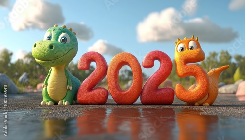 Fototapeta Naklejka Na Ścianę i Meble -  Two Cartoon Dinosaurs Flanking the Year 2025
