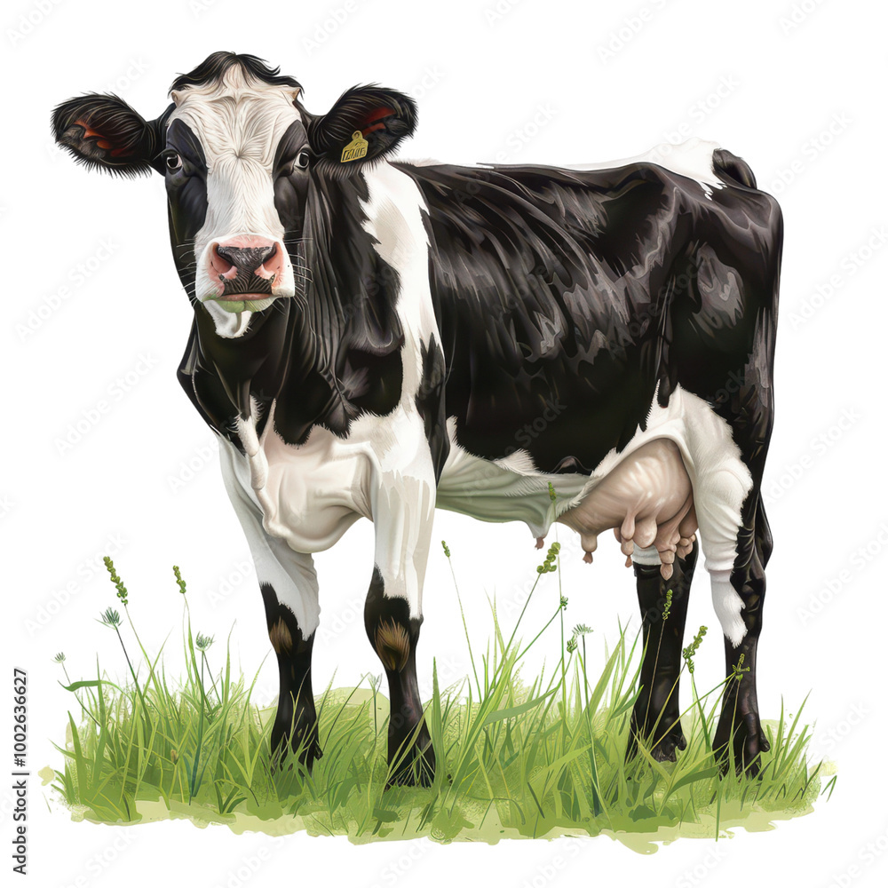 Realistic illustration of a black and white dairy cow standing in lush green grass. Perfect for agricultural and livestock themes. Realistic illustration of a black and white dairy cow standing in lush green grass. Perfect for agricultural and livestock themes.