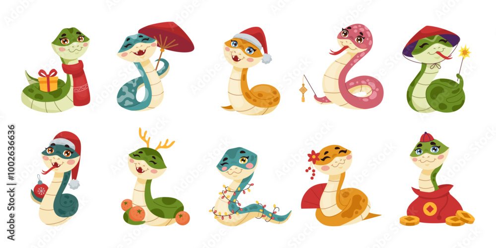 Fototapeta premium 2025 New Year. Snake cartoon character. Chinese animal. Funny reptile. Symbol of holiday. Zodiac viper. Asian mascot. Horoscope tradition celebration. Xmas hat. Vector cartoon tidy baby serpents set