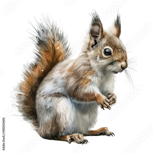 Realistic illustration of a cute squirrel with detailed fur, showcasing its playful nature and expressive eyes.