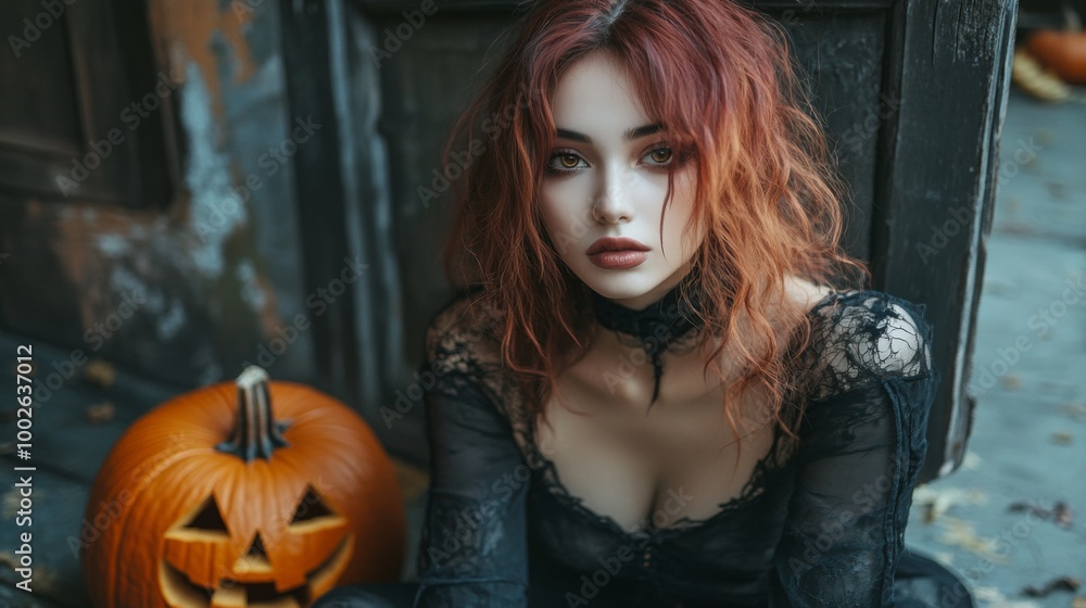 Fototapeta premium Dark Gothic Halloween Aesthetic with Pumpkins and Mysterious Girl