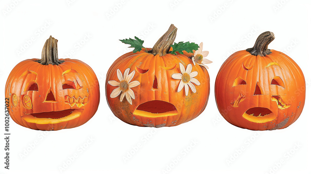 Three carved pumpkins with different facial expressions on a white background Three carved pumpkins with different facial expressions on a white background