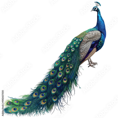 Vibrant peacock displaying its stunning feathers, showcasing brilliant blue and green colors, perfect for nature and wildlife themes.