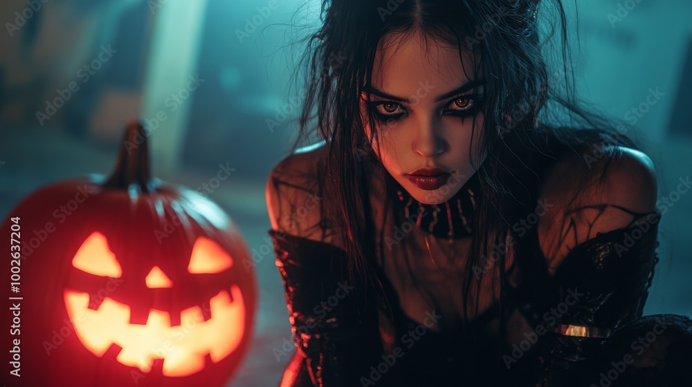 Dark Gothic Halloween Aesthetic with Pumpkins and Mysterious Girl Dark Gothic Halloween Aesthetic with Pumpkins and Mysterious Girl