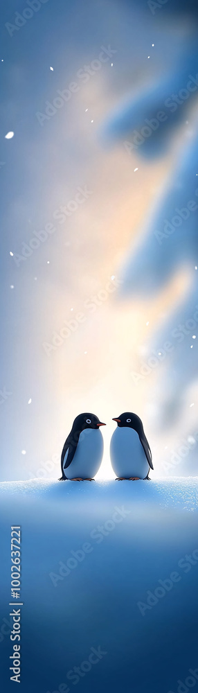 Fototapeta premium Two penguins standing on a snowy hill. The scene is peaceful and serene. The penguins are facing each other, and their expressions are calm and content