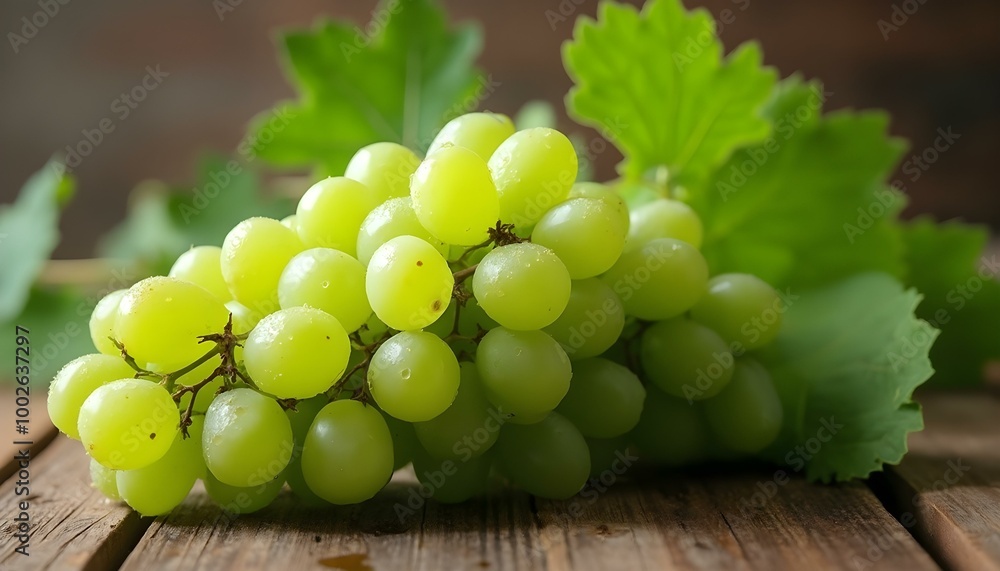 Delicious looking high-quality grapes with leaves in green color Delicious looking high-quality grapes with leaves in green color