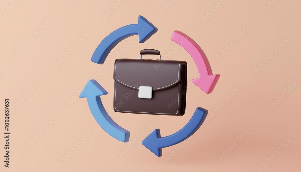 Obraz premium Briefcase surrounded by circular arrows on a pastel background.