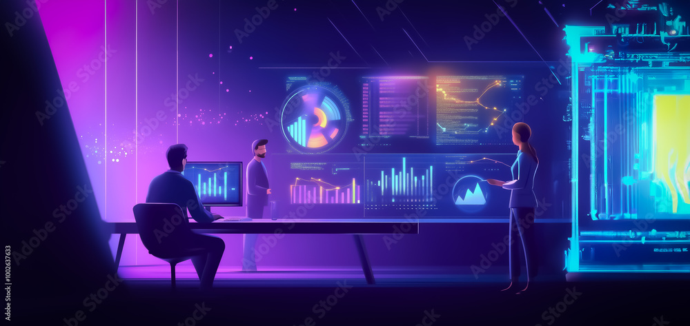 Modern control room with professionals working on futuristic data visualizations. Horizontal format. Modern control room with professionals working on futuristic data visualizations. Horizontal format.