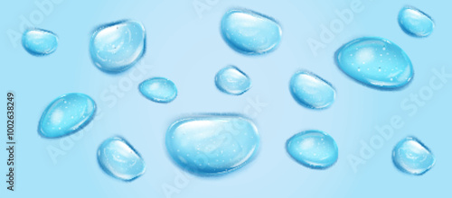 Collagen blue drops. Hyaluronic acid bubbles. Cosmetic serum. Skincare product. Vector illustration