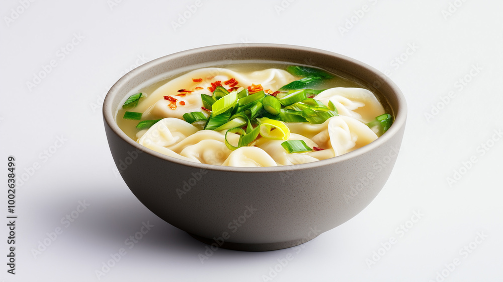 Warm and comforting, this bowl of dumpling soup features tender dumplings in flavorful broth, garnished with fresh green onions and sprinkle of chili flakes. Perfect for cozy meal Warm and comforting, this bowl of dumpling soup features tender dumplings in flavorful broth, garnished with fresh green onions and sprinkle of chili flakes. Perfect for cozy meal