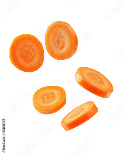 Flying carrot slices create a playful scene of healthy snacking in mid-air