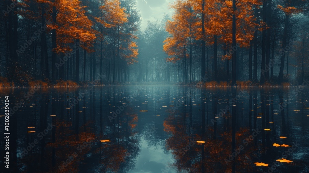 Serene forest scene with autumn foliage reflected in calm water. Serene forest scene with autumn foliage reflected in calm water.