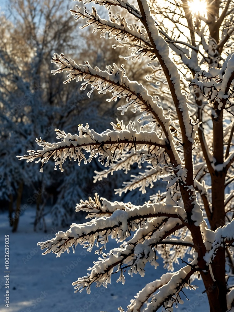 Snow-Covered Tree Branches in Sunlight Snow-Covered Tree Branches in Sunlight