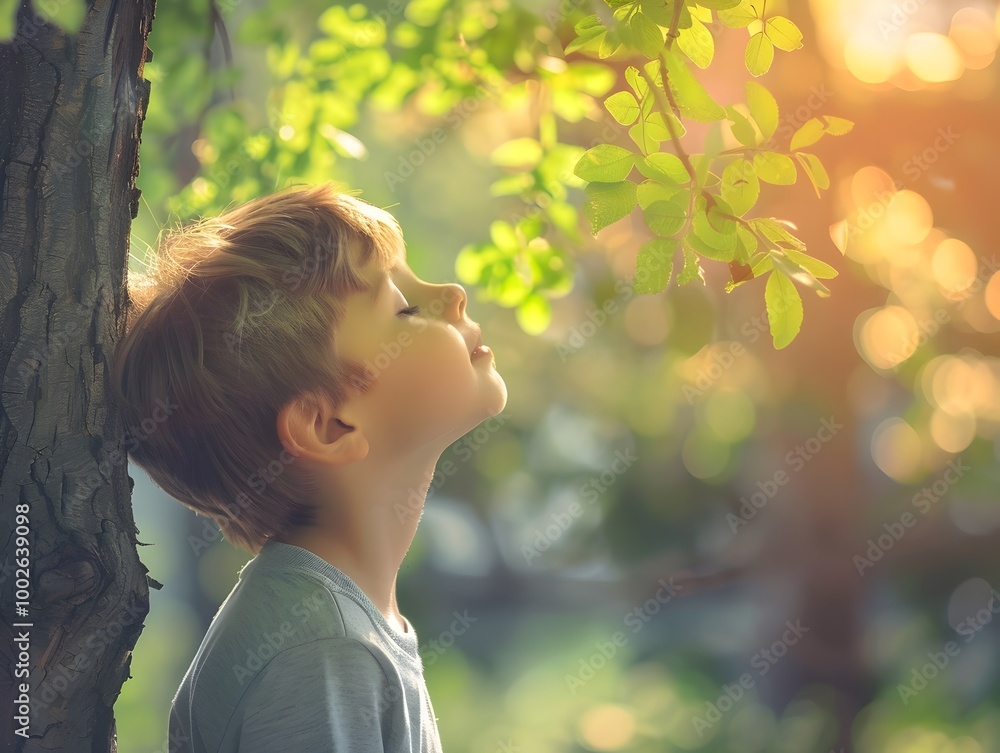 Child Whispering Secrets to a Responsive Tree in the Garden Child Whispering Secrets to a Responsive Tree in the Garden