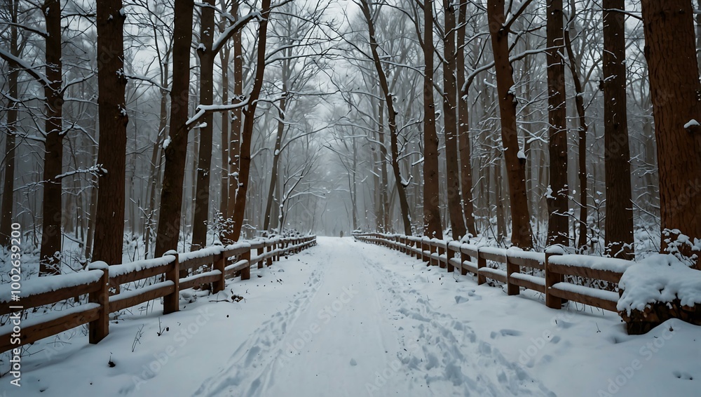 Snowy forest trail during winter festivities. Snowy forest trail during winter festivities.
