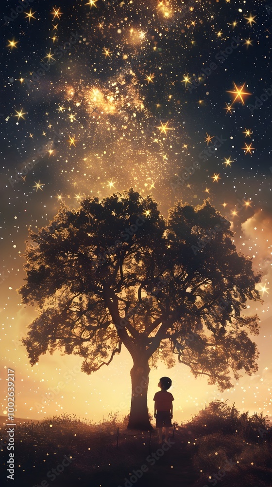 Child and Magical Tree Under Starry Sky in Dream like Setting Child and Magical Tree Under Starry Sky in Dream like Setting