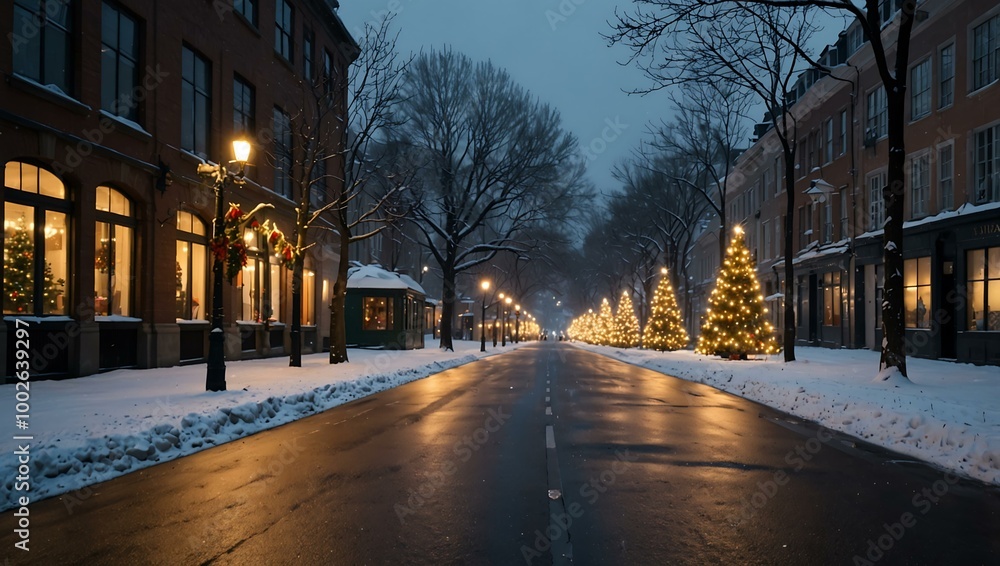 Snowy street with a large Christmas tree in the middle. Snowy street with a large Christmas tree in the middle.