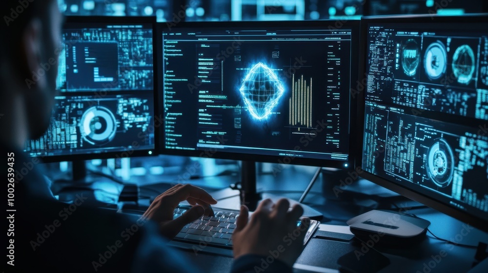 Cybersecurity Professional Analyzing Encrypted Data on Multiple Monitors Cybersecurity Professional Analyzing Encrypted Data on Multiple Monitors