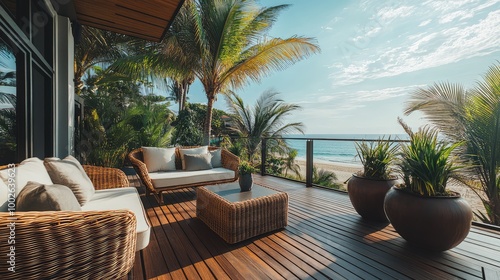 A sleek, tropical-inspired balcony with rattan furniture, large potted palms, and a wooden deck overlooking a beach view