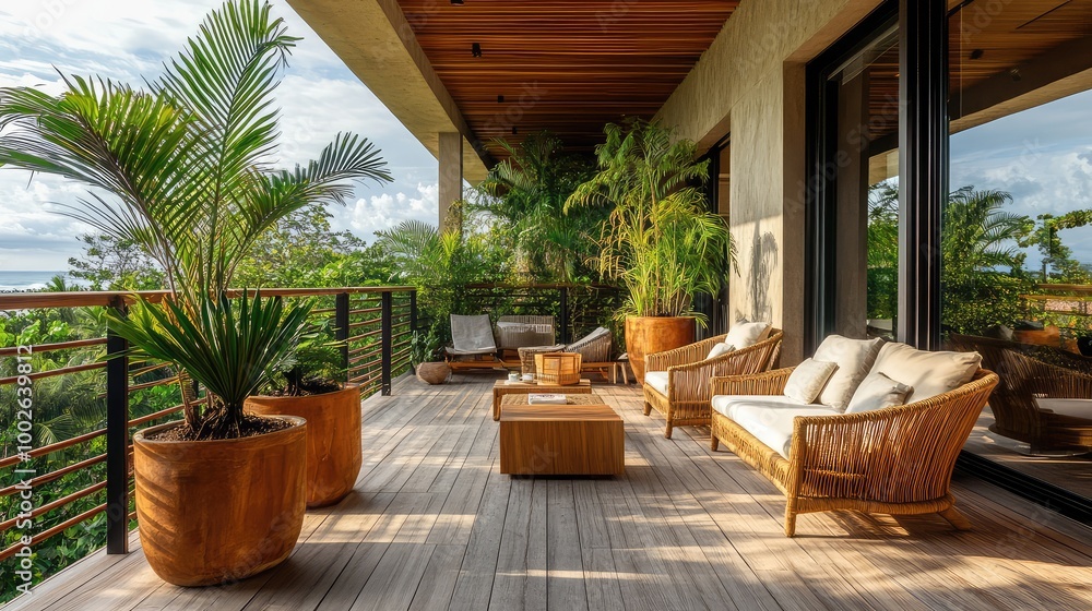 Fototapeta premium A sleek, tropical-inspired balcony with rattan furniture, large potted palms, and a wooden deck overlooking a beach view