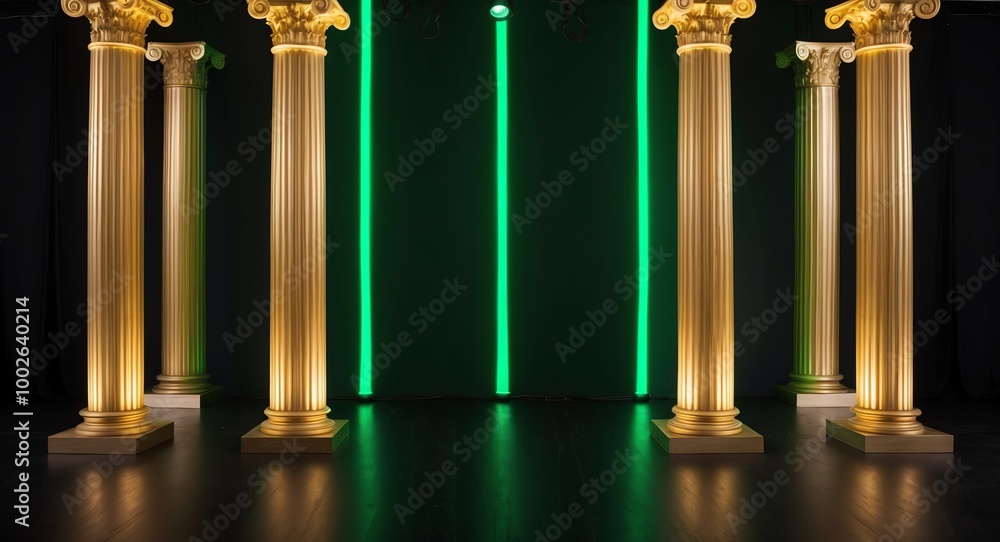 Gold Greek columns glowing under green lighting on a deep black backdrop Gold Greek columns glowing under green lighting on a deep black backdrop