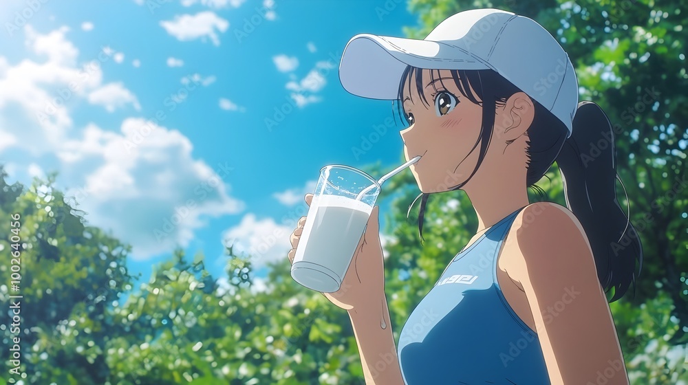 Fototapeta premium Cheerful Anime Girl Enjoying a Refreshing Drink in a Peaceful Outdoor Setting