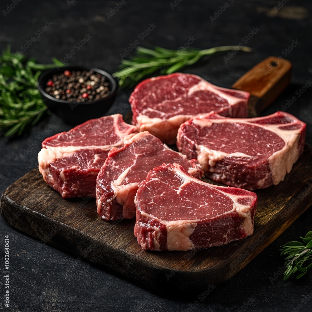 Raw prime steaks. Variety of fresh black angus prime meat steaks T-bone, New York, Ribeye, Striploin, Tomahawk cutting board on black or dark background. Raw prime steaks. Variety of fresh black angus prime meat steaks T-bone, New York, Ribeye, Striploin, Tomahawk cutting board on black or dark background.