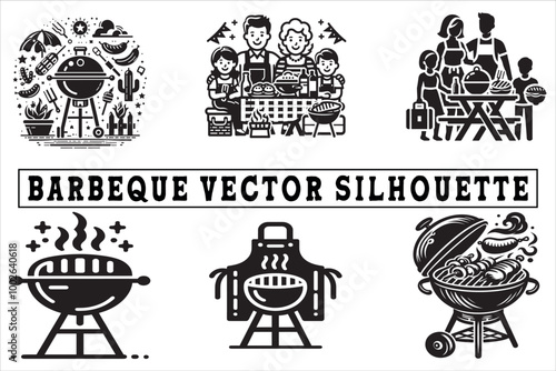 Barbeque Vector Silhouettes and Barbeque Grill and Utensils