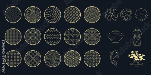 Japanese pattern. Japan symbol. Asian tradition. Line design icon. Floral frame. Round art print. Lantern or sakura flower. Chinese gold ornament. Koi fish. Asia insignia. Vector oriental elements set