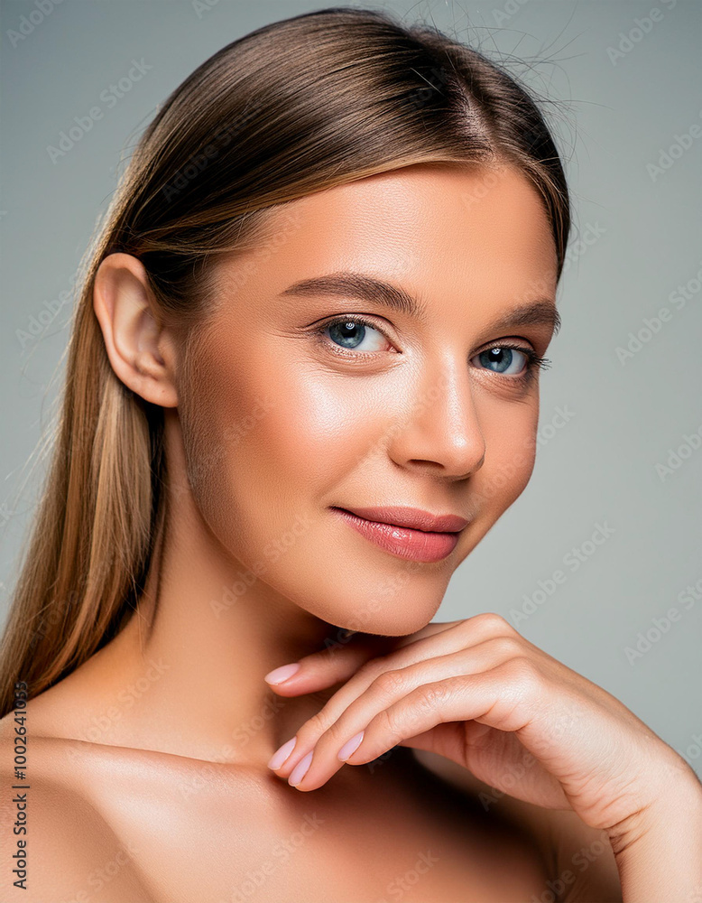 Gorgeous smiling woman with hands on chin looking at the camera Gorgeous smiling woman with hands on chin looking at the camera