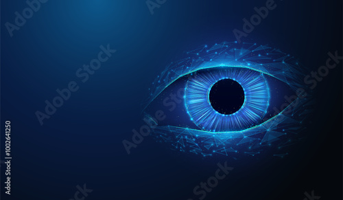 Abstract illustration of human eye in low poly style. Blue geometric background depicting human eyes vision healthcare and medicine concept by wireframe connection structure