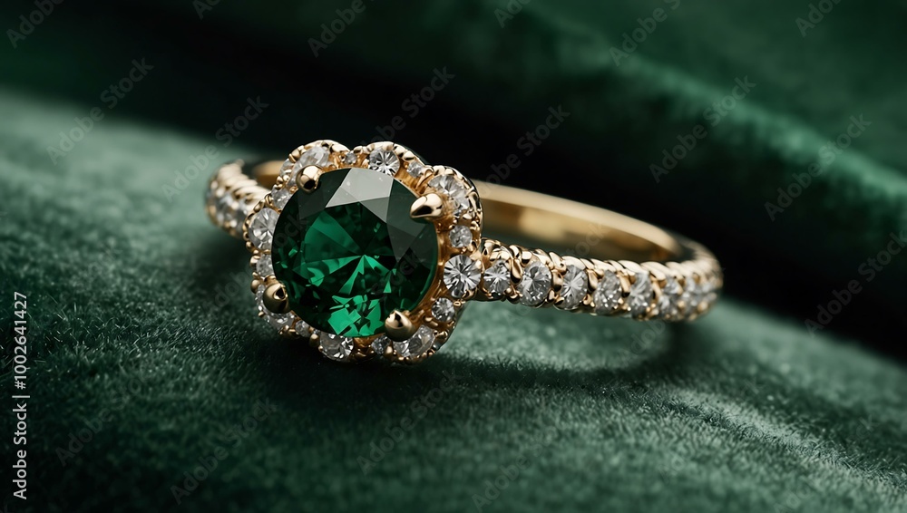 Sparkling diamond ring on emerald green velvet. Sparkling diamond ring on emerald green velvet.