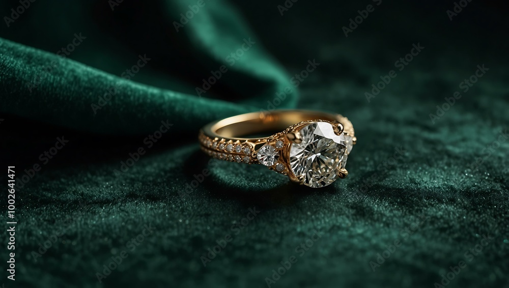 Sparkling diamond ring on emerald green velvet. Sparkling diamond ring on emerald green velvet.