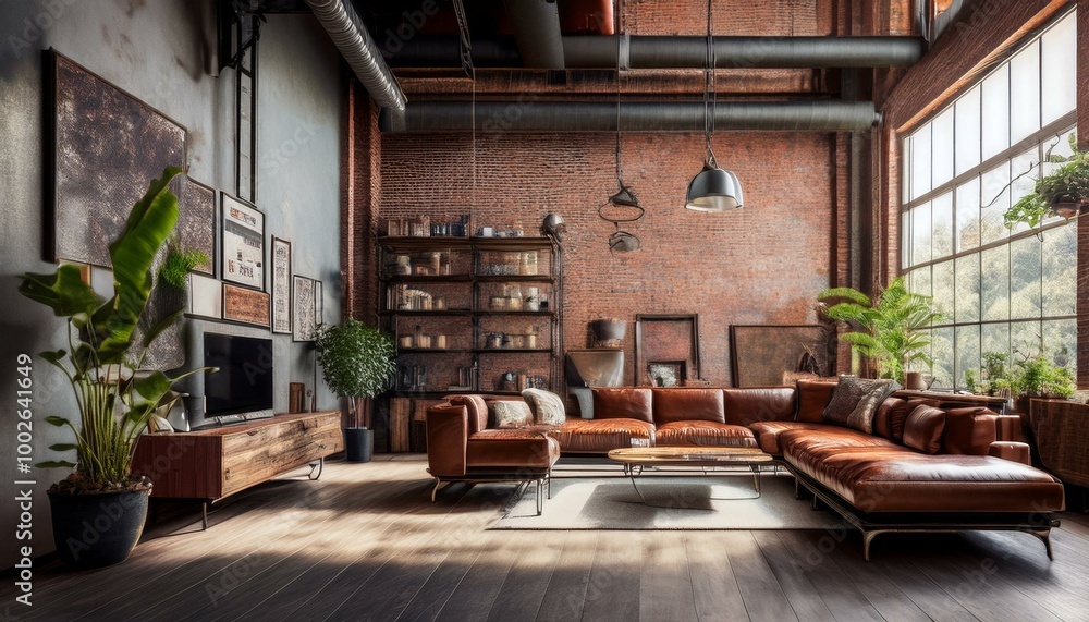 a stylish industrial style-themed living room, set against an uncluttered background to highlight the central elements a stylish industrial style-themed living room, set against an uncluttered background to highlight the central elements