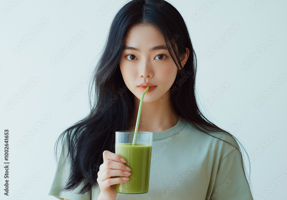 A pretty woman is drinking a green smoothie with a straw A pretty woman is drinking a green smoothie with a straw