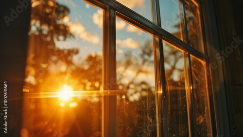 A clean shot of a window reflecting the golden sky, free from busy details