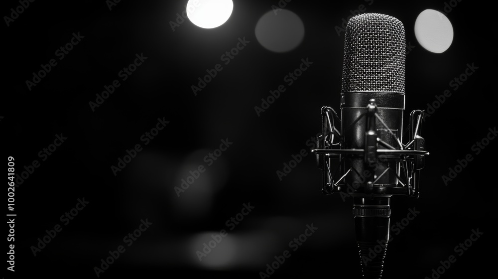 Studio Microphone in Spotlight: A dramatic black and white close-up of a professional condenser microphone on a stand, illuminated by soft spotlights against a dark background. Perfect for podcasting.