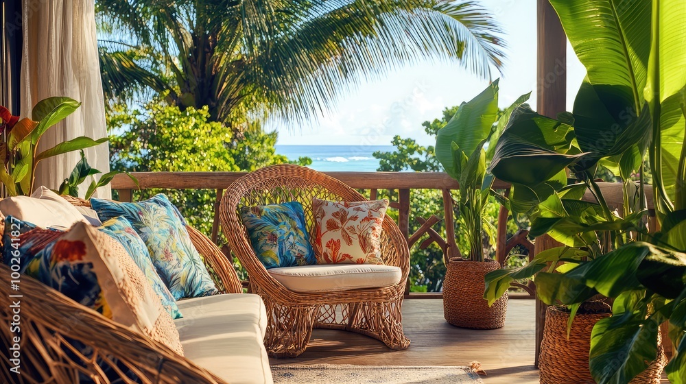 with rattan chairs, vibrant textiles, and large leafy plants for a laid-back island feel with rattan chairs, vibrant textiles, and large leafy plants for a laid-back island feel