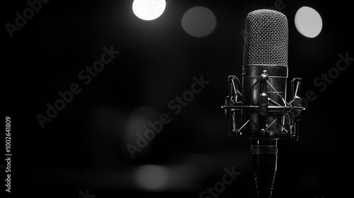 Obraz na płótnie Studio Microphone in Spotlight: A dramatic black and white close-up of a professional condenser microphone on a stand, illuminated by soft spotlights against a dark background. Perfect for podcasting. w salonie